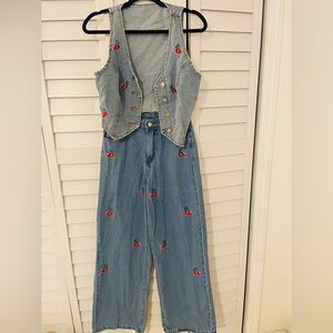 Cherry Embroidered Denim Jeans and Top